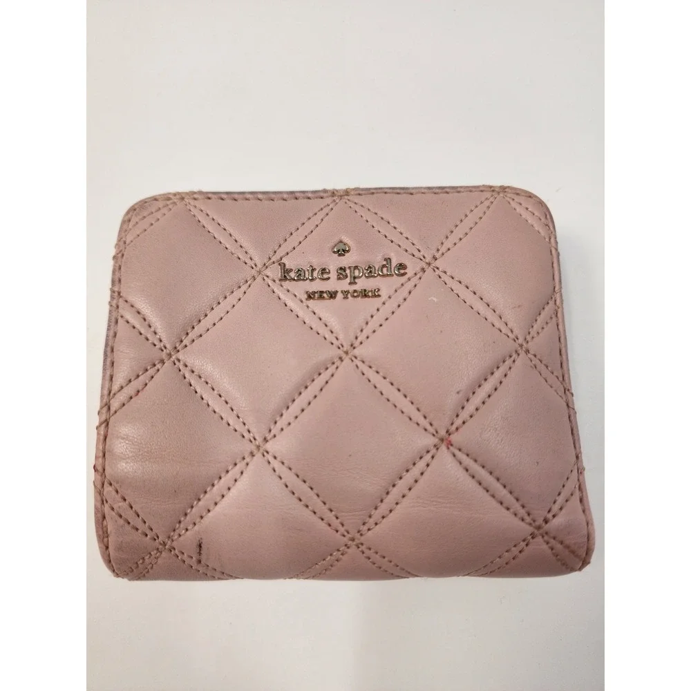 Kate Spade Quilted Leather Bifold Wallet Pink Zip Around Coin Pocket ID Window